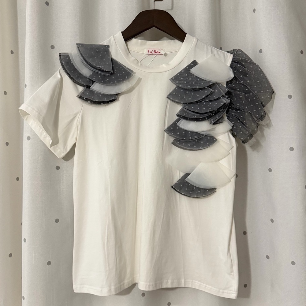 Elegant White and Gray Ruffle Top